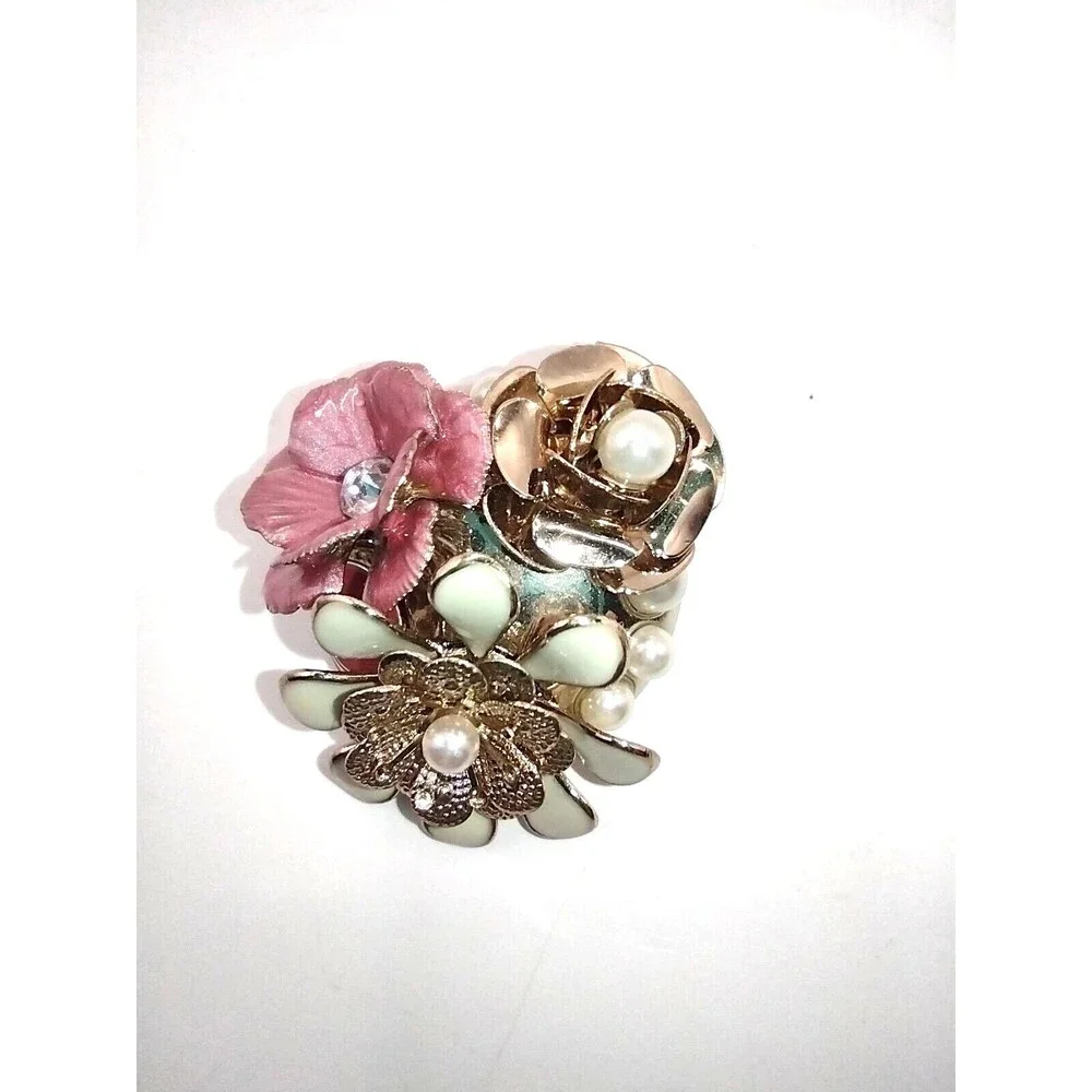 Napier Brooch Pin 3 Flower Cluster Floral Pink White Enamel Faux Pearls with Box